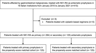 Primary versus secondary antiemetic prophylaxis with NK1 receptor antagonists in patients affected by gastrointestinal malignancies and treated with a doublet or triplet combination regimen including oxaliplatin and/or irinotecan plus fluoropyrimidines: A propensity score matched analysis